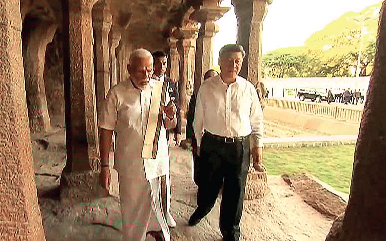 <b>Mahabalipuram, Tamil Nadu, October, 2019</b>: Prime Minister Narendra Modi and Chinese President Xi Jinping in Mahabalipuram, Tamil Nadu