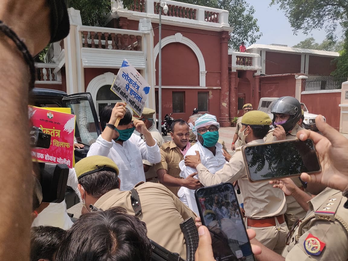 Speak up for democracy: UP Police stop Congress leaders’ dharna at Raj Bhavan, whisk away Lallu, others