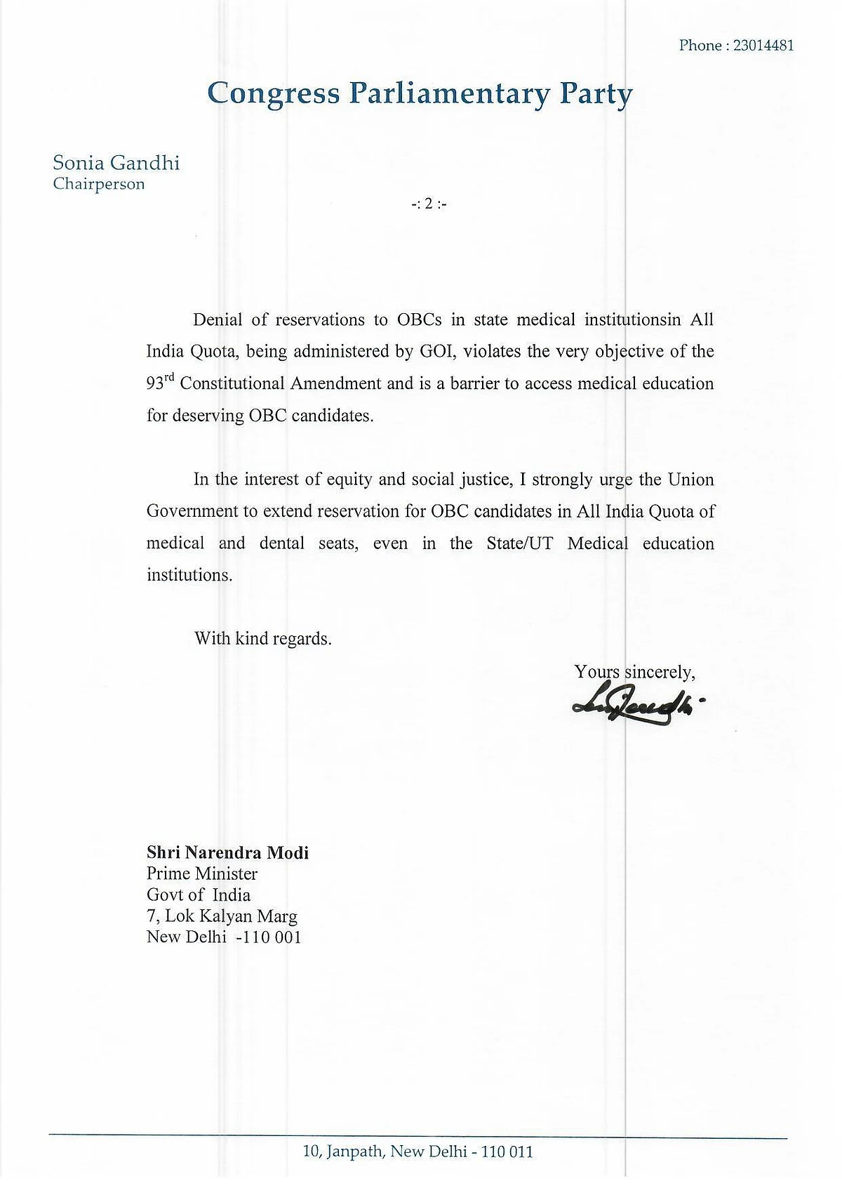 OBC candidates lost 11,000 seats in medical colleges due to lack of reservations, Sonia Gandhi writes to PM