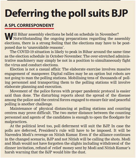 Deferring Bihar poll suits BJP as Nitish Kumar gets ready for first poll sans ‘secular and socialist’ tag 