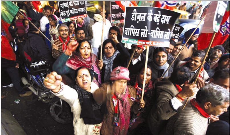 BJP workers protest against diesel price hike on January 18, 2013. Oil firms had increased the price of diesel by Rs 0.45 a litre, while cutting the petrol price by Rs. 0.25 per litre