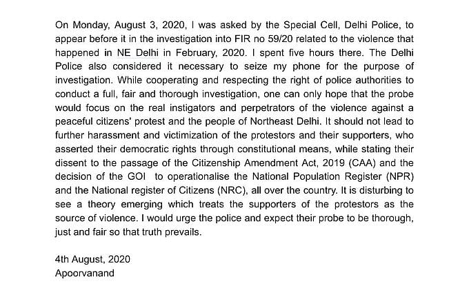 Professor Apoorvanand’s statement (Photo courtesy: Twitter)