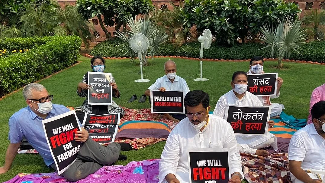 Rajya Sabha adjourned till Tuesday after uproar over 8 MPs’ suspension, MPs protest outside Parliament