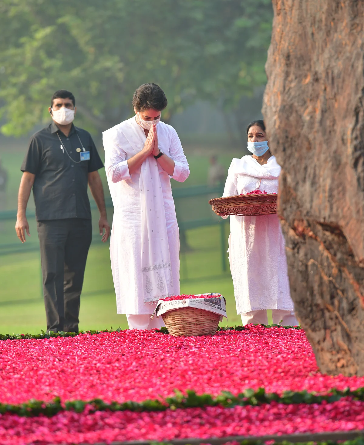 Congress leader Priyanka Gandhi pays floral tribute to former prime minister Indira Gandhi on her death anniversary at Shakti Sthal, in New Delhi, October 31, 2020