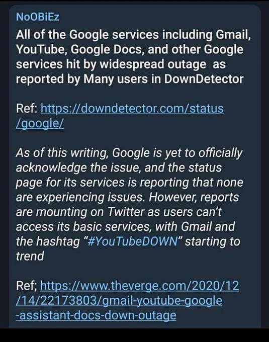 Breaking: Gmail, Google, YouTube down across globe