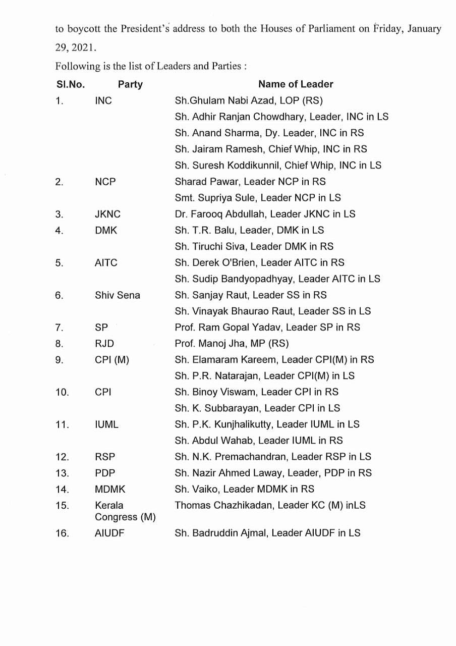 Farmers’ protest: 16 Opposition parties to boycott president’s address to Parliament on Friday