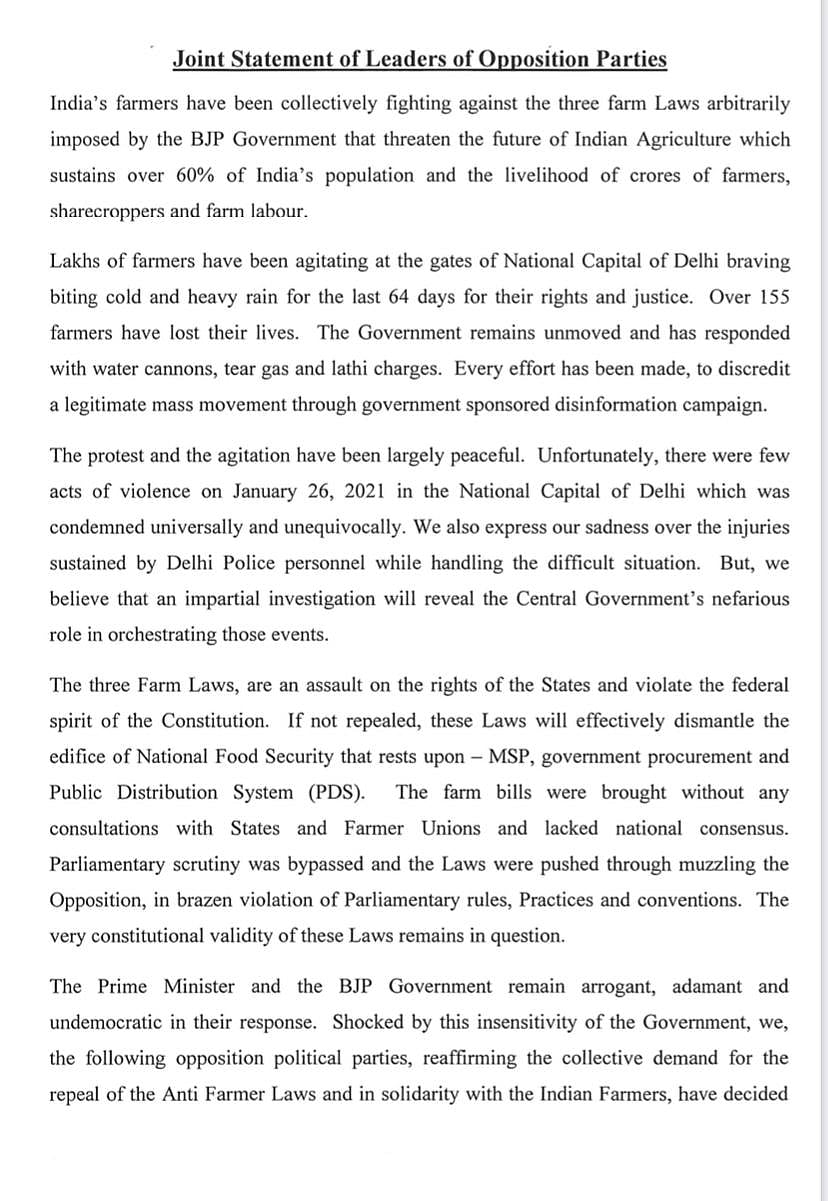 Farmers’ protest: 16 Opposition parties to boycott president’s address to Parliament on Friday