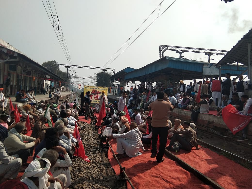 Farmers participating in Rail Roko protest in Yamuna Nagar, Haryana