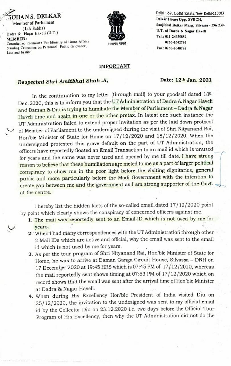 Before suicide, MP Delkar frantically sought help from PM Modi, Home Minister Amit Shah & LS Speaker Om Birla