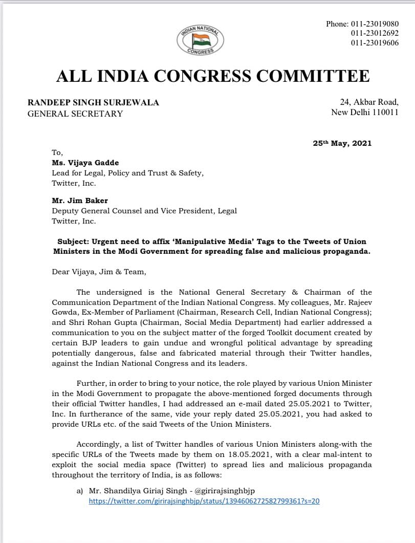 Congress urges Twitter to label 'manipulative media' on tweets of 11 ministers