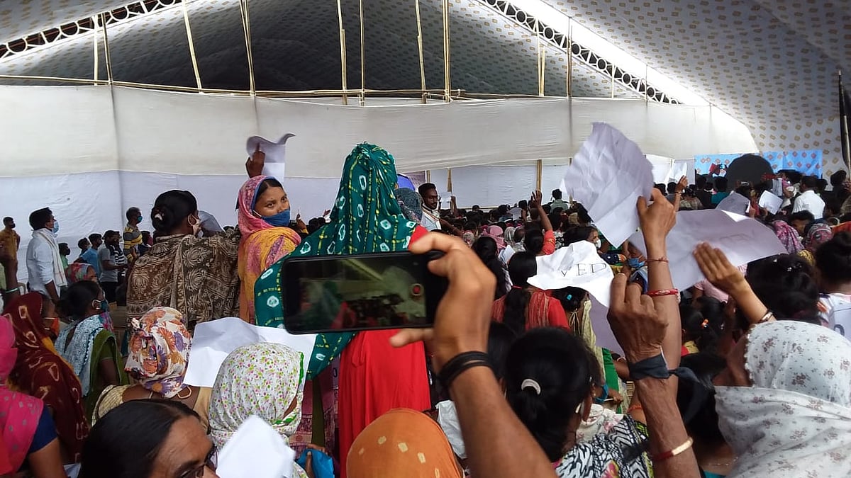 Adivasi women protesting against Vedanta's proposed zinc smelter plant during the public hearing (Photo: Nachiketa Desai)