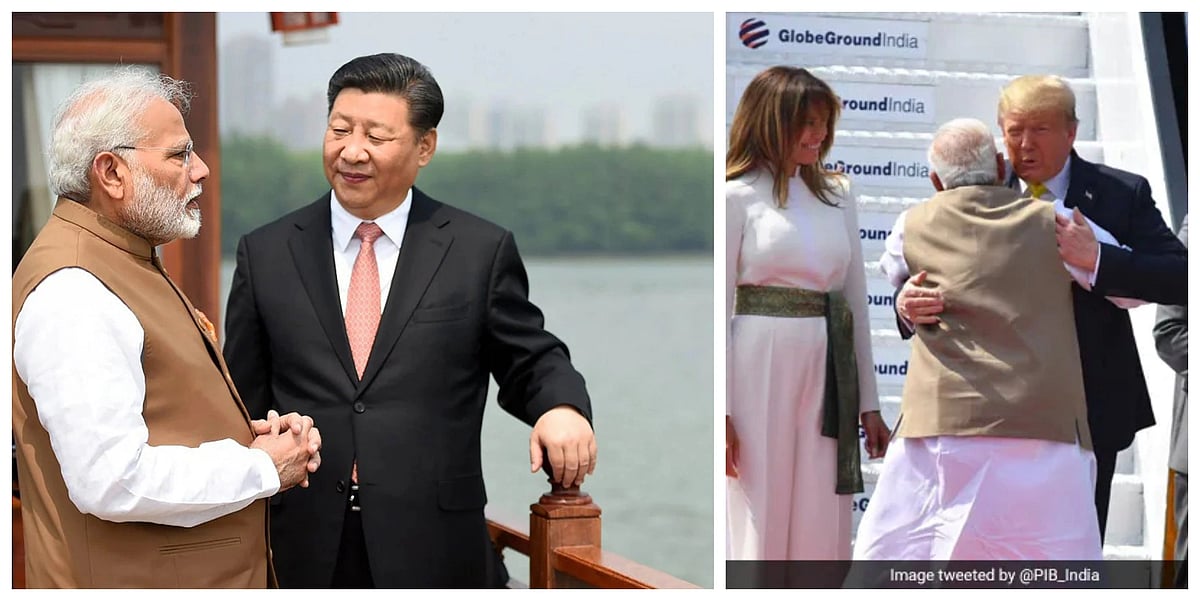(Left) PM Modi with Chinese Prez Xi Jinping in Wuhan, 2018; (right) Modi hugs Trump upon his arrival in Ahmedabad, India, 2020