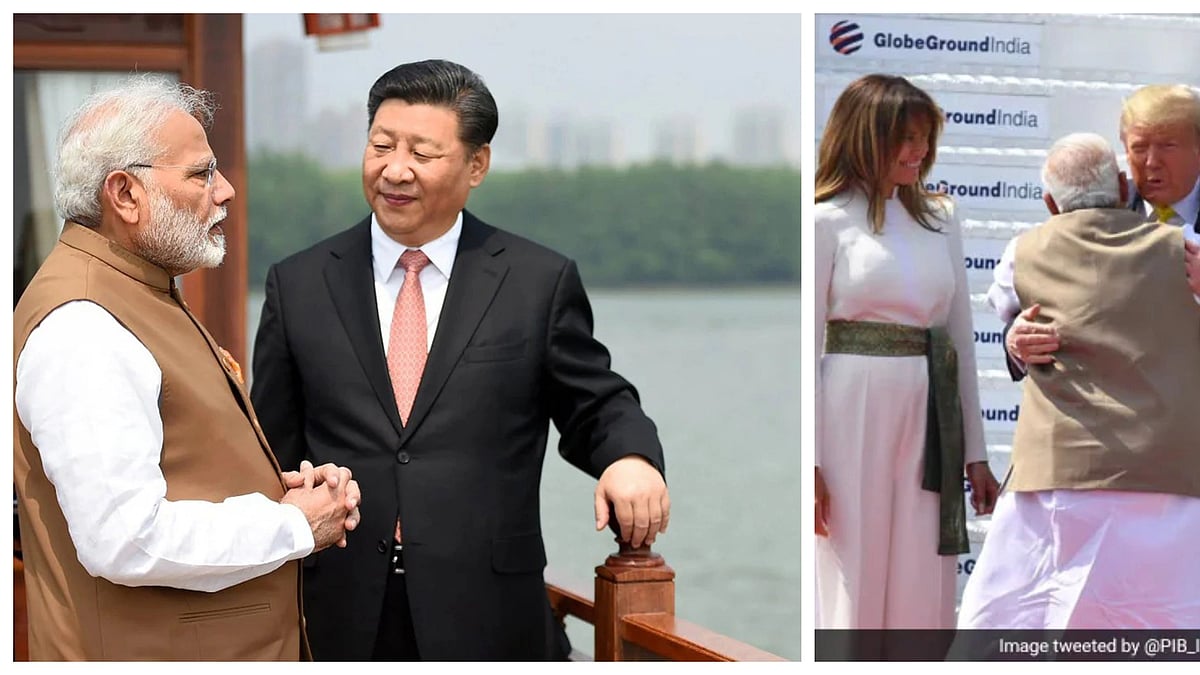 (Left) PM Modi with Chinese Prez Xi Jinping in Wuhan, 2018; (right) Modi hugs Trump upon his arrival in Ahmedabad, India, 2020