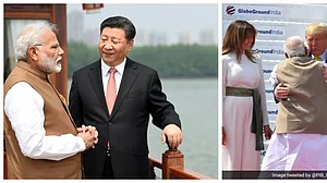 (Left) PM Modi with Chinese Prez Xi Jinping in Wuhan, 2018; (right) Modi hugs Trump upon his arrival in Ahmedabad, India, 2020