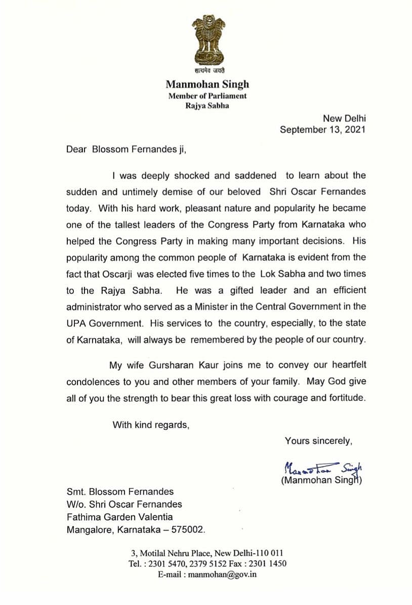 Tributes and condolences pour in for veteran Congress leader Oscar Fernandes