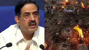ICMR DG Balram Bhargava (L), mass cremations during second wave (R)