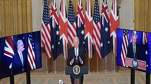 US President Joe Biden in a tele-meeting with UK PM Boris Johnson and Australia PM Scott Morrison