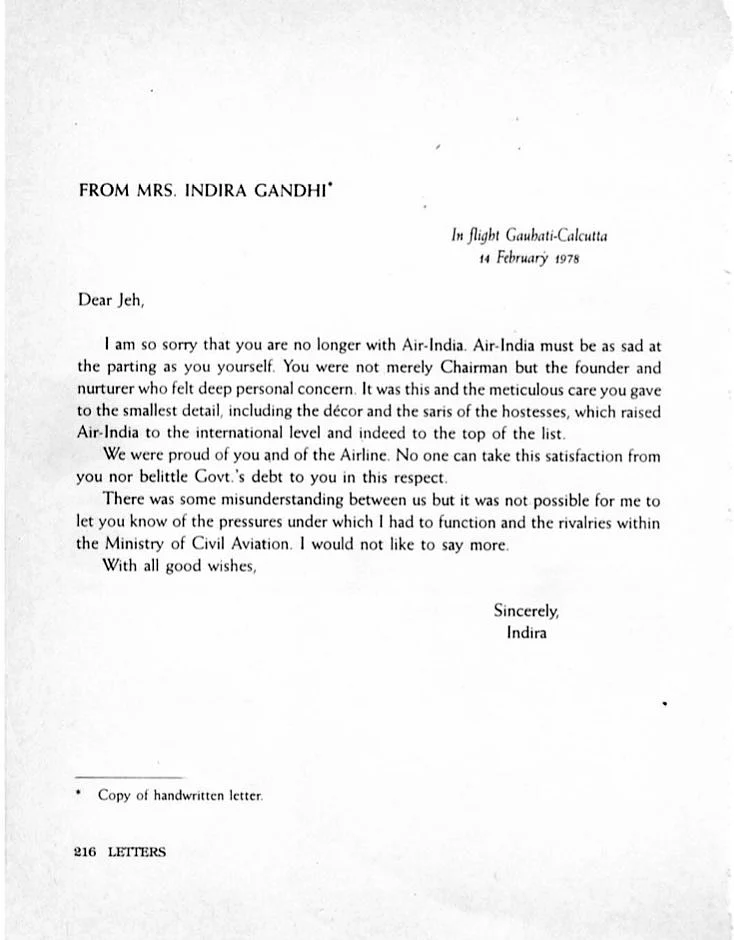 Letter written by Indira Gandhi to JRD Tata