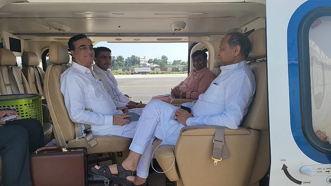 Rajasthan CM Ashok Gehlot along with Cong leaders Ajay Maken and Sachin Pilot