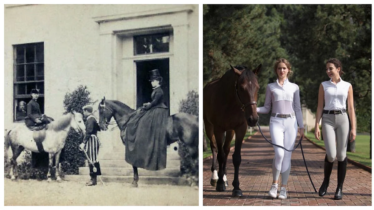 (Left) Women riding sideways; (right) Women horse riders in the Jodhpurs