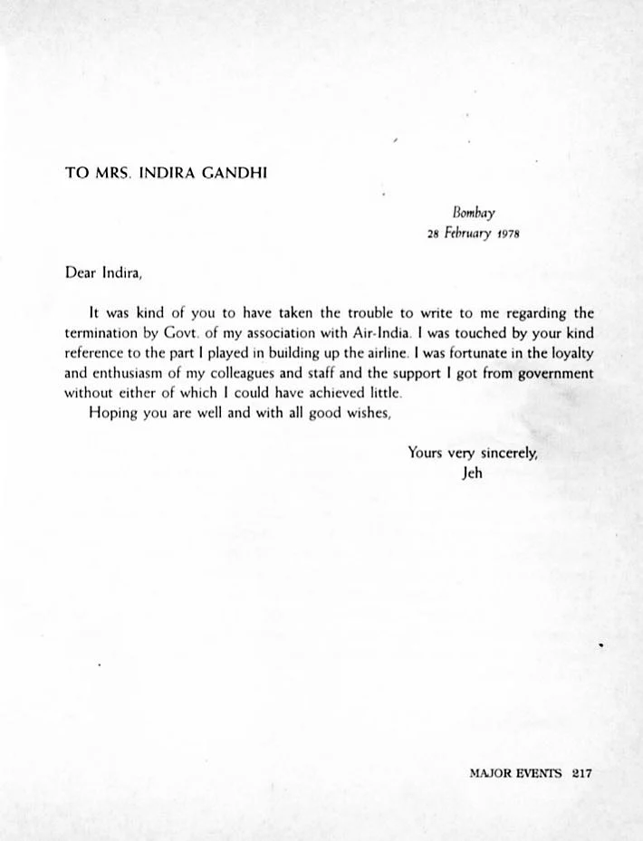 Letter written by JRD Tata to Indira Gandhi