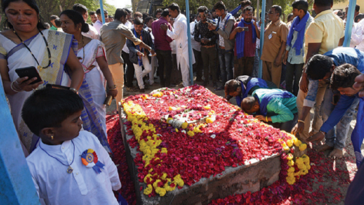 People paying tributes at the War Memorial at Bhima Koregaon