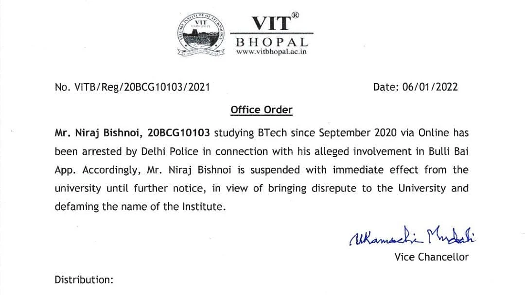 LIVE News Updates: VIT, Bhopal, suspends Neeraj Bishnoi from university for involvement in Bulli Bai case