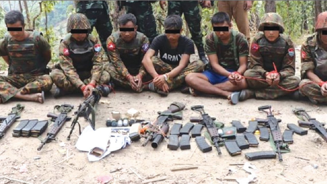 Soldiers captured in Myanmar. The photograph was shared on social media with the teasing
caption: ‘Not so mighty after all when faced with armed opposition’