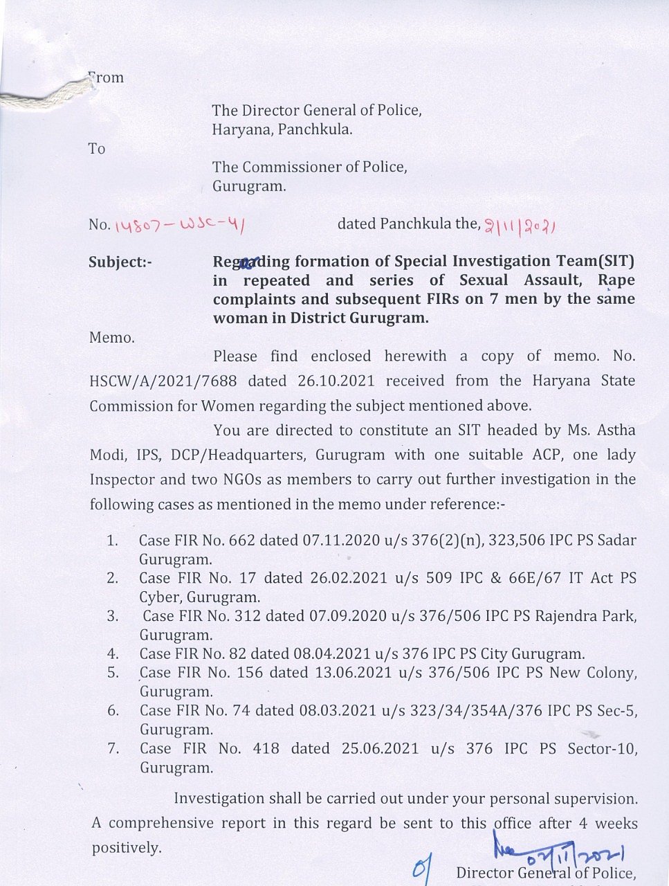 HSCW's reminder to DGP, Haryana
