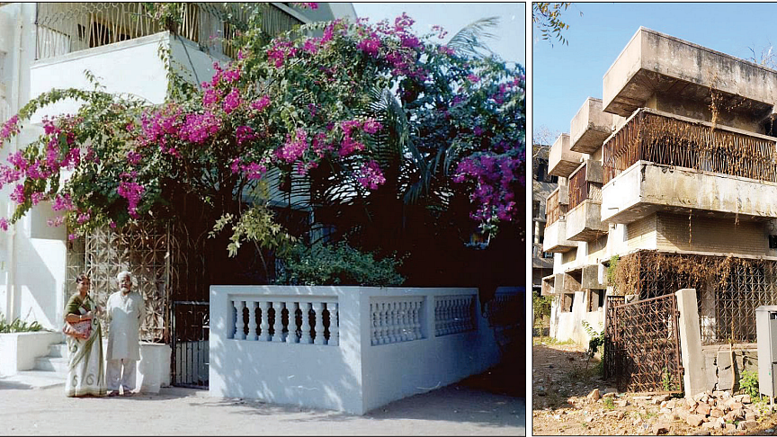 The late Ehsan Jafri & wife Zakia outside their house in Gulbarg Society, Ahmedabad; (right) the house after the Hindutva mob burnt it down