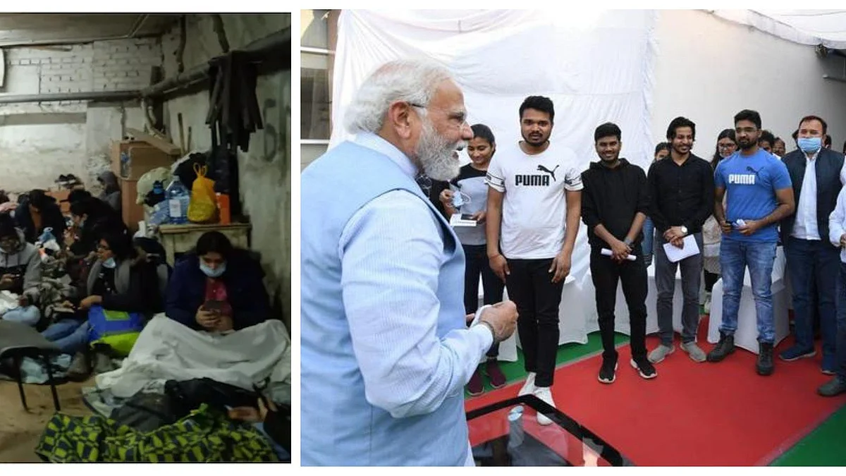 (Left) Indian students holed up in a bunker in Ukraine; (right) PM Modi interacting with students "evacuated" from Ukraine borders