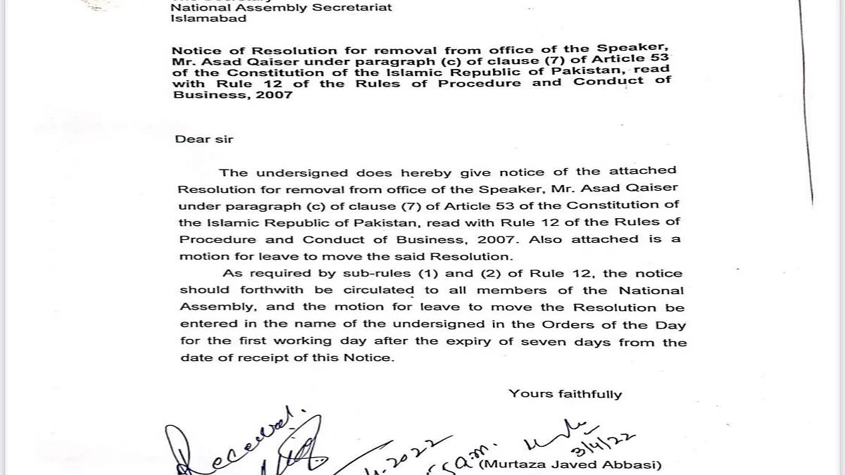Pakistan opposition submits no-confidence motion against Speaker