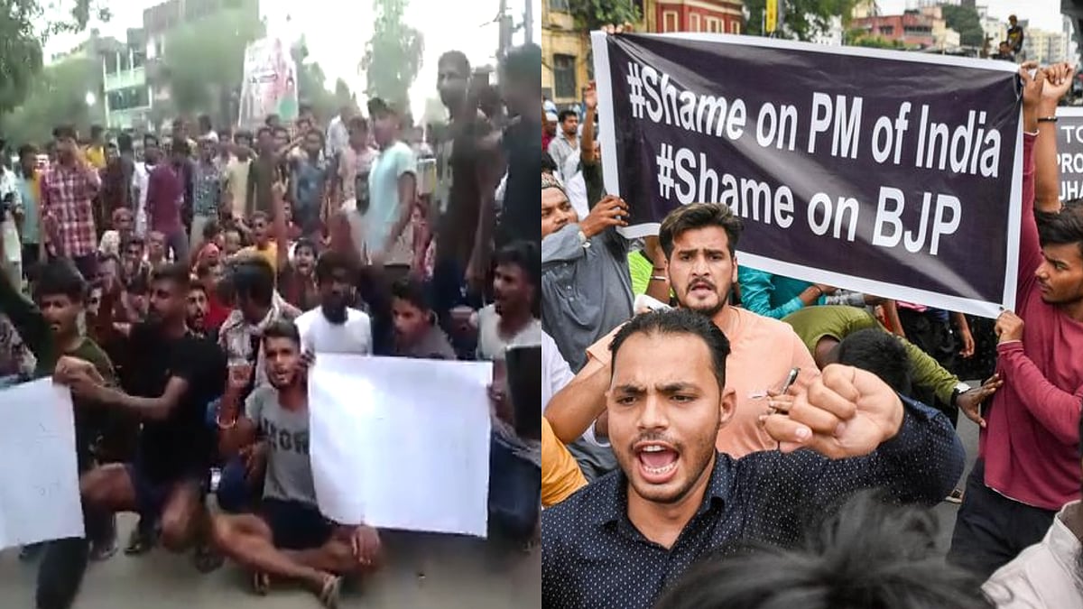 'Agnipath' protest (left); Prophet row (right)