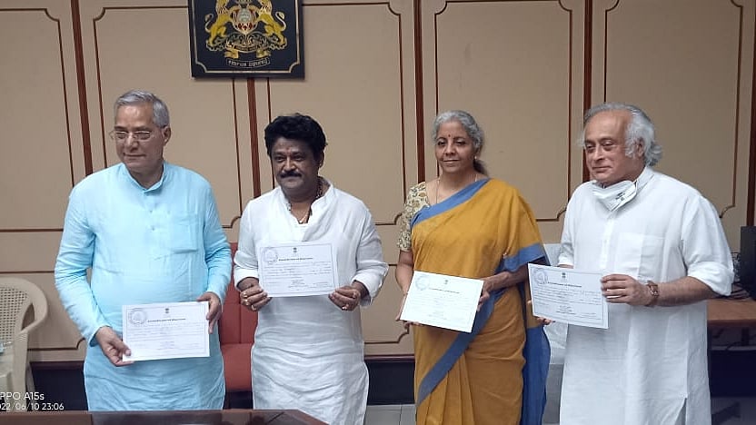 The winners: BJP--Lahar Singh Siroya, Jaggesh, Nirmala Sitharan and Jairam Ramesh