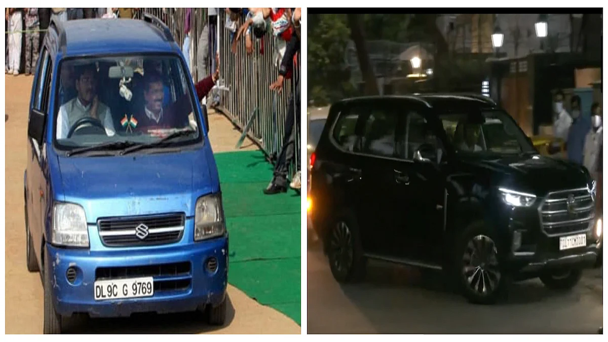 Arvind Kejriwal with Wagon R  in pre-2015 days (left); him in a luxury car (right)