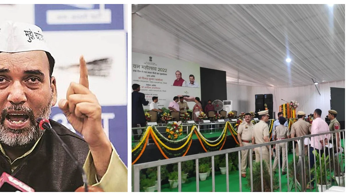 Gopal Rai;
(right) Police at the Van Mahotsav venue [Photo courtesy: Indiatoday.in]
