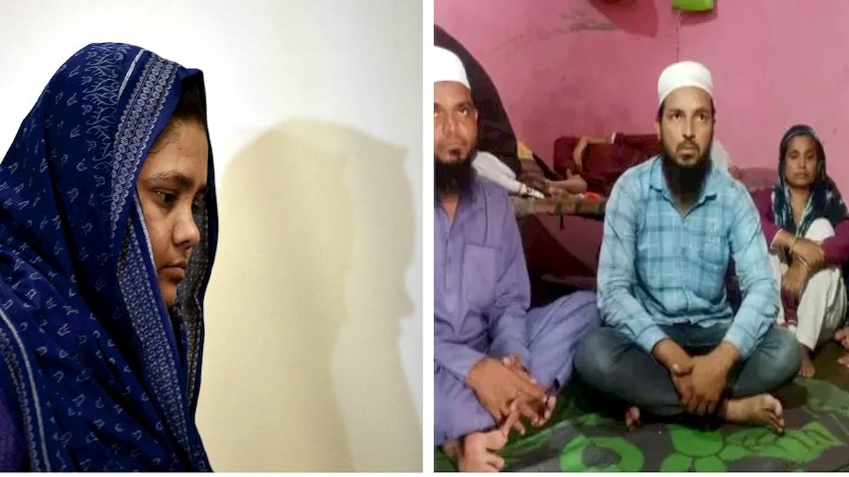 Bilkis Bano (left); Muslim family fled their village in fear (right)