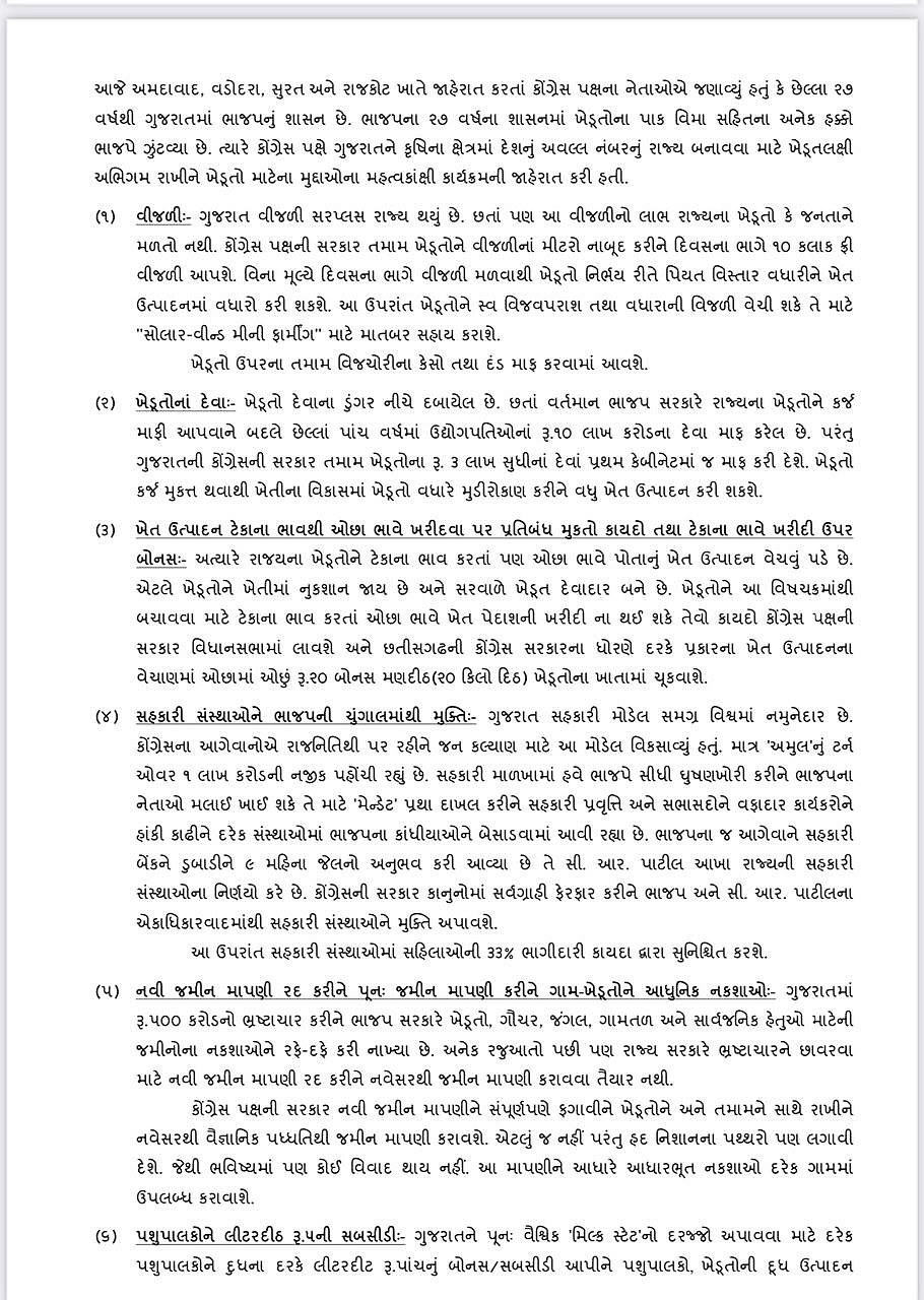 Gujarat: Congress promises loan waiver, free electricity for farmers; reservation for women in cooperatives 