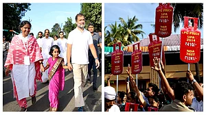 Rahul Gandhi on Day 18 of Bharat Jodo Yatra; (right) Congress workers protest against high LPG price