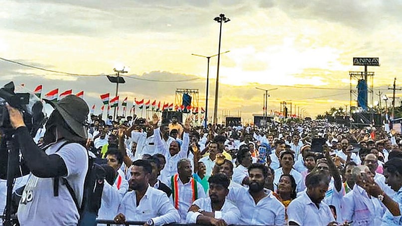 Congress workers and residents line up along the beachside to watch the launch of the Bharat Jodo Yatra in Kanyakumari on September 7, 2022