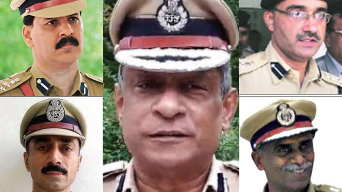 IPS officers (centre) Satish Chandra Verma, (clock wise) Sanjiv Bhatt, Rajnish Rai, Rahul Sharma, and R.B. Sreekumar 