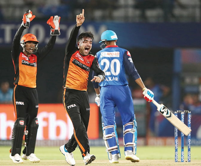 Rashid Khan of the Sunrisers Hyderabad takes the wicket of Axar Patel of the Delhi Capitals during the 2019 IPL final