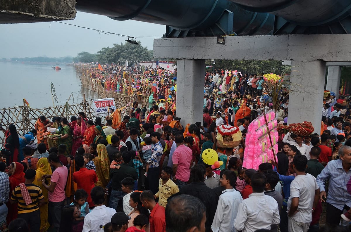 Devotees throng a Yamuna ghat in Delhi for Chhath Puja