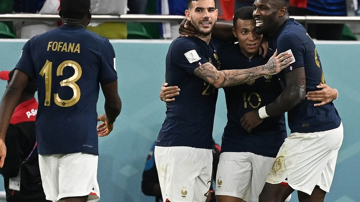France's Kylian Mbappe celebrates after scoring his side second goal with teammates during the World Cup round of 16 soccer match between France and Poland, at the Al Thumama Stadium in Doha, Qatar. (Photo: IANS)