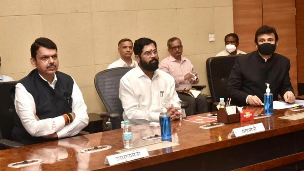 Maharashtra chief minister Eknath Shinde (centre) and Deputy CM Devendra Fadnavis (left)