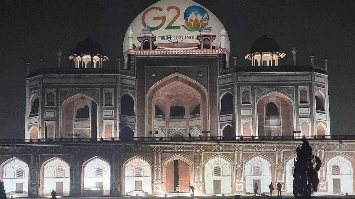 Humayun's Tomb in New Delhi illuminated with the G20 logo on Friday, December 2.