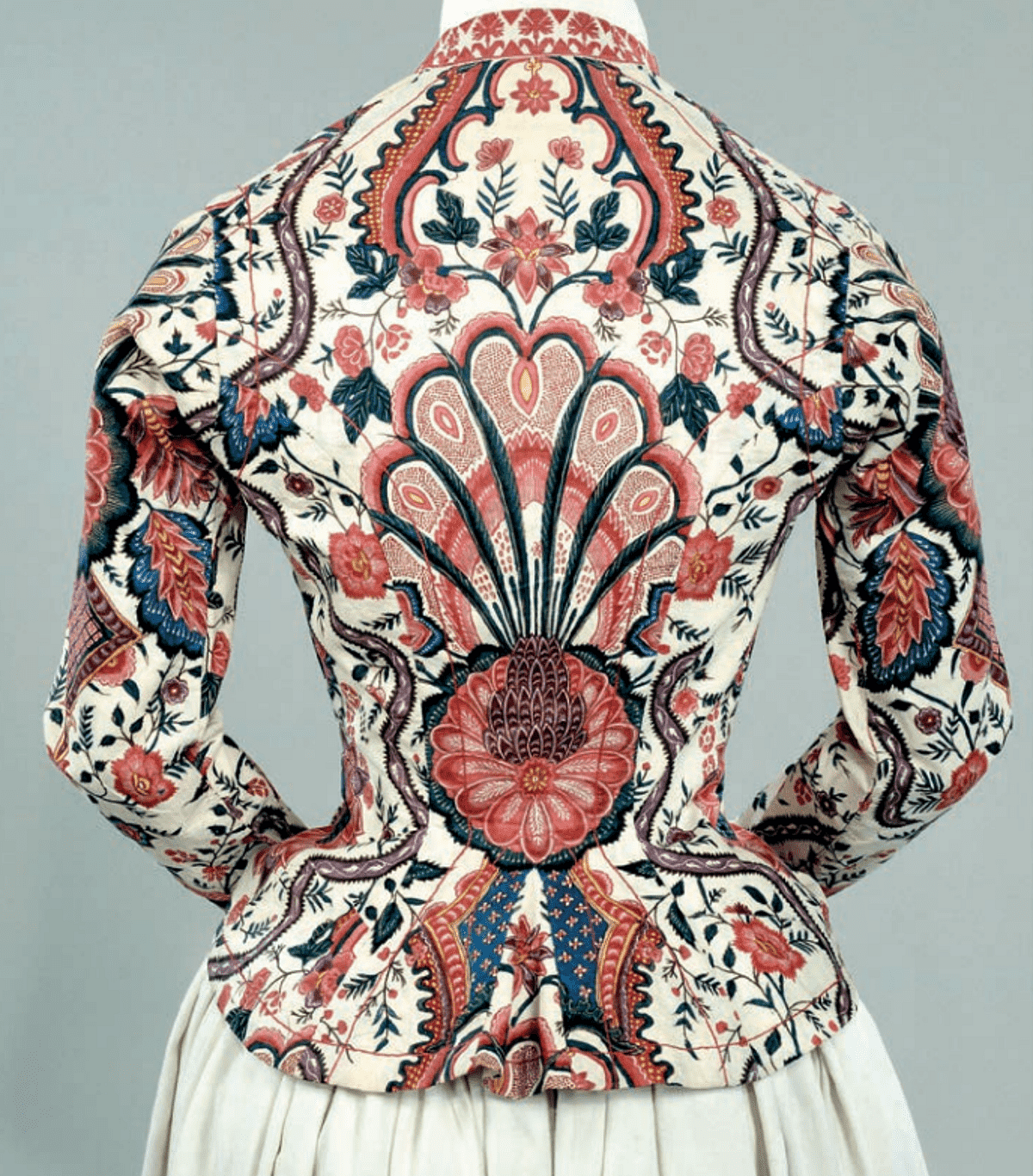 This fitted jacket
was cut to display the sumptuous chintz imported from the Coromandel Coast