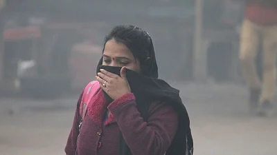 Representative image of a person walking through smog with a scarf covering their nose and mouth (photo: IANS)
