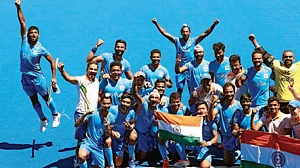 The Indian men’s hockey
team after winning the bronze medal at the Tokyo 2020 Olympics