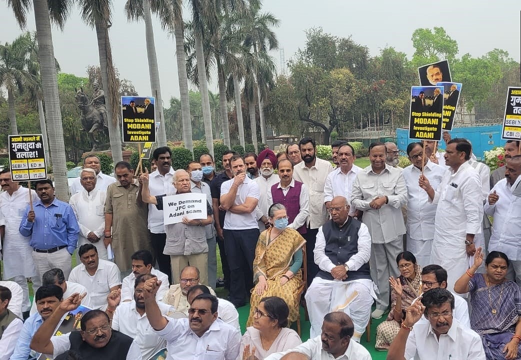 “Adani sarkar, shame, shame”: Sonia Gandhi joins opposition protest against Modi govt inside Parliament 